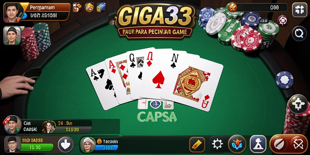 Tampilan antarmuka GIGA33 dengan permainan Capsa yang interaktif.