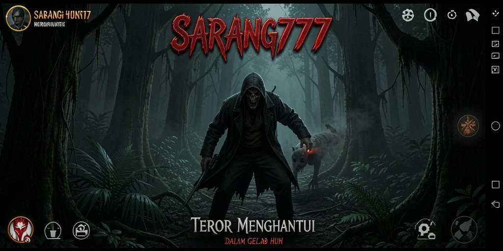 Tampilan antarmuka SARANG777 dengan suasana hutan yang mencekam.